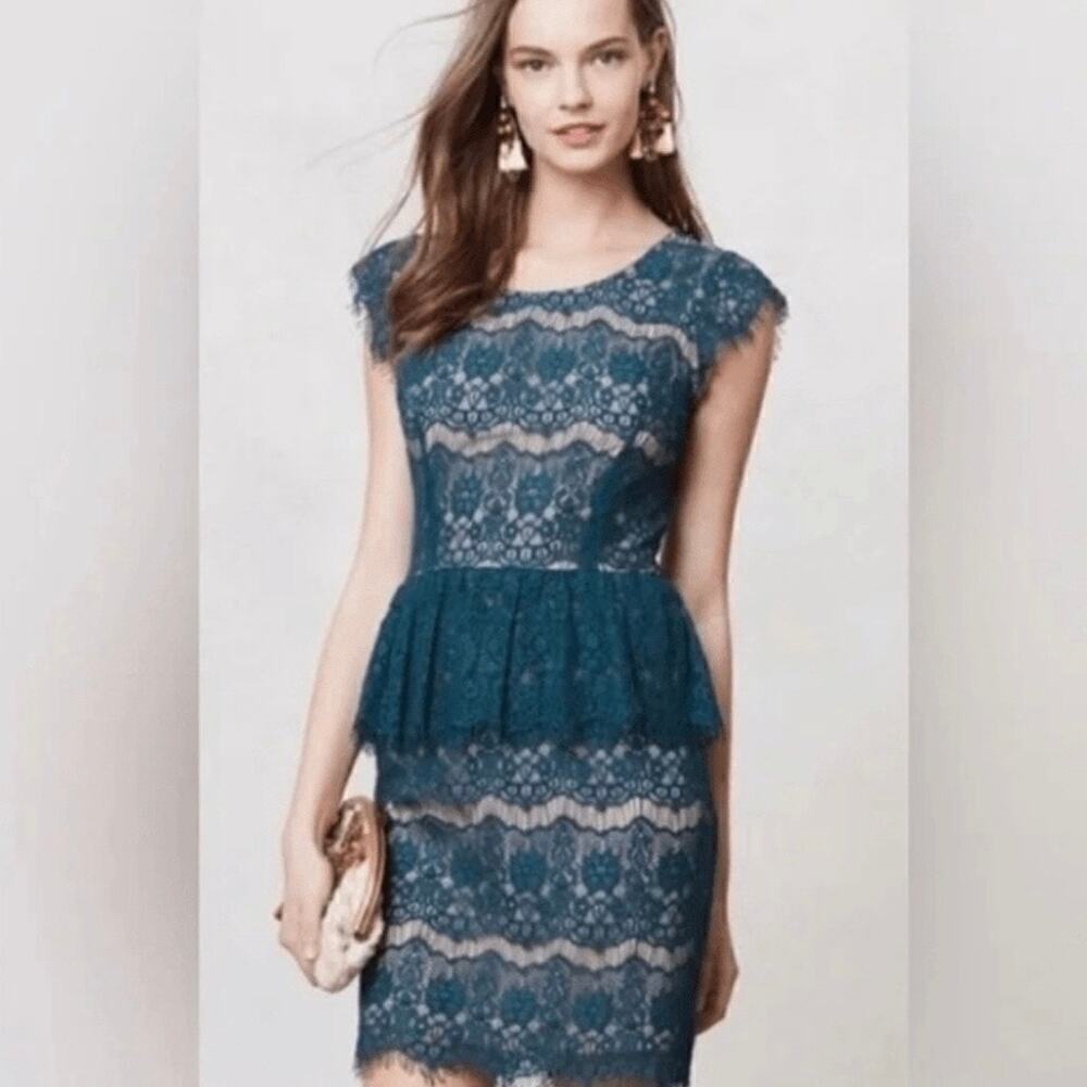 Anthtopologie Maeve Elsa Lace Peplum Dress Green Size Medium